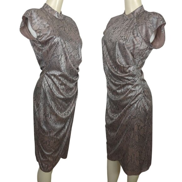 Vintage Steppin Out Metallic Snake Print Ruched Midi Dress Flutter Cap Sleeves M - Picture 5 of 16